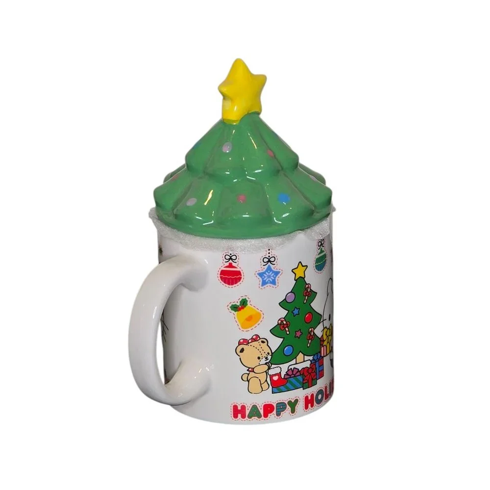 Hello Kitty Christmas Mug Tree Lid Happy Holidays Sanrio Ceramic Cup Kawaii